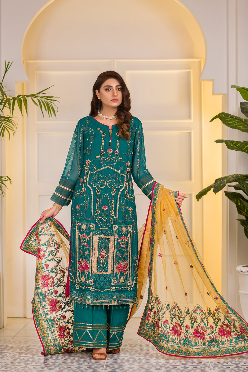 Spring Field - Embroidered & Hand Embellished Chiffon 3PC