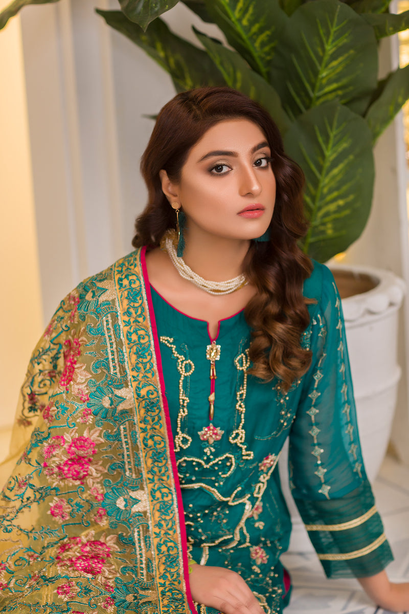 Spring Field - Embroidered & Hand Embellished Chiffon 3PC