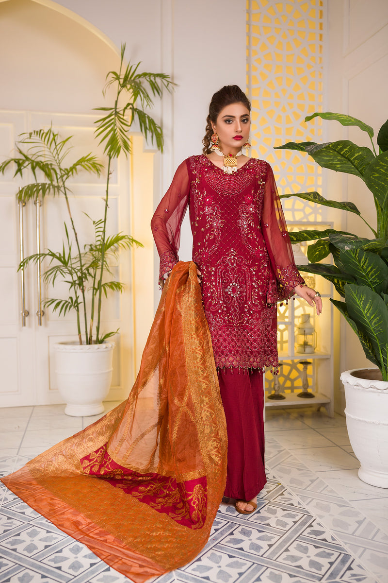 Autumn Orchid - Embroidered & Hand Embellished Chiffon 3PC