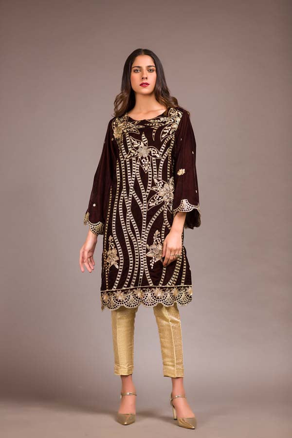 Aubergine - Embroidered Velvet Unstitch Kurti