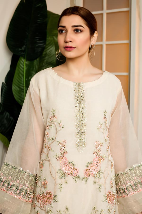 Cloudy White - Hand Embellished Embroidered Organza Shirt