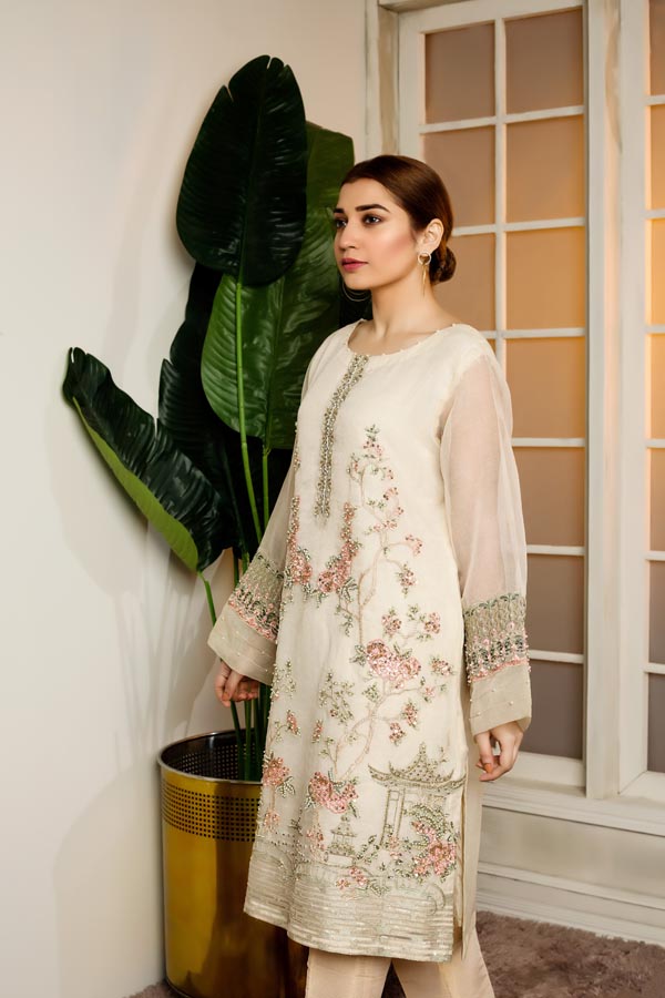 Cloudy White - Hand Embellished Embroidered Organza Shirt