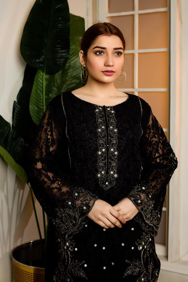 RUSSITN BLACK - HAND EMBELLISHED EMBROIDERED ORGANZA STITCHED
