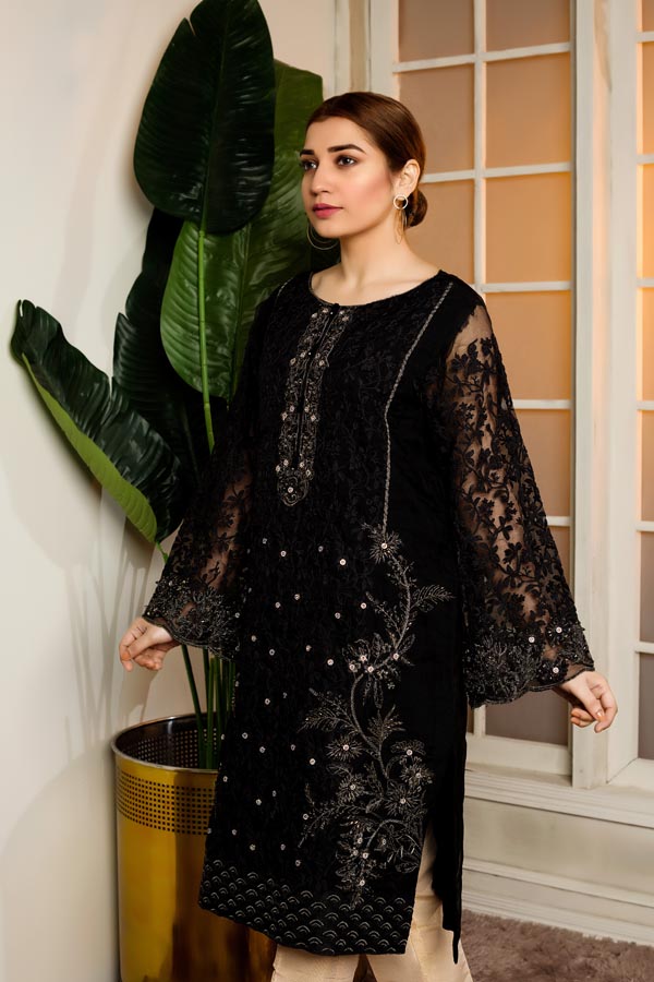 RUSSITN BLACK - HAND EMBELLISHED EMBROIDERED ORGANZA STITCHED