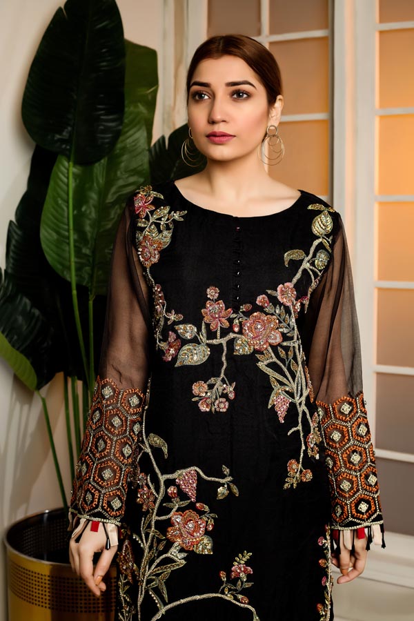Black - Hand Embellished Embroidered Organza Shirt