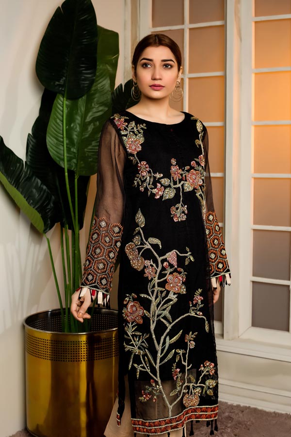 Black - Hand Embellished Embroidered Organza Shirt