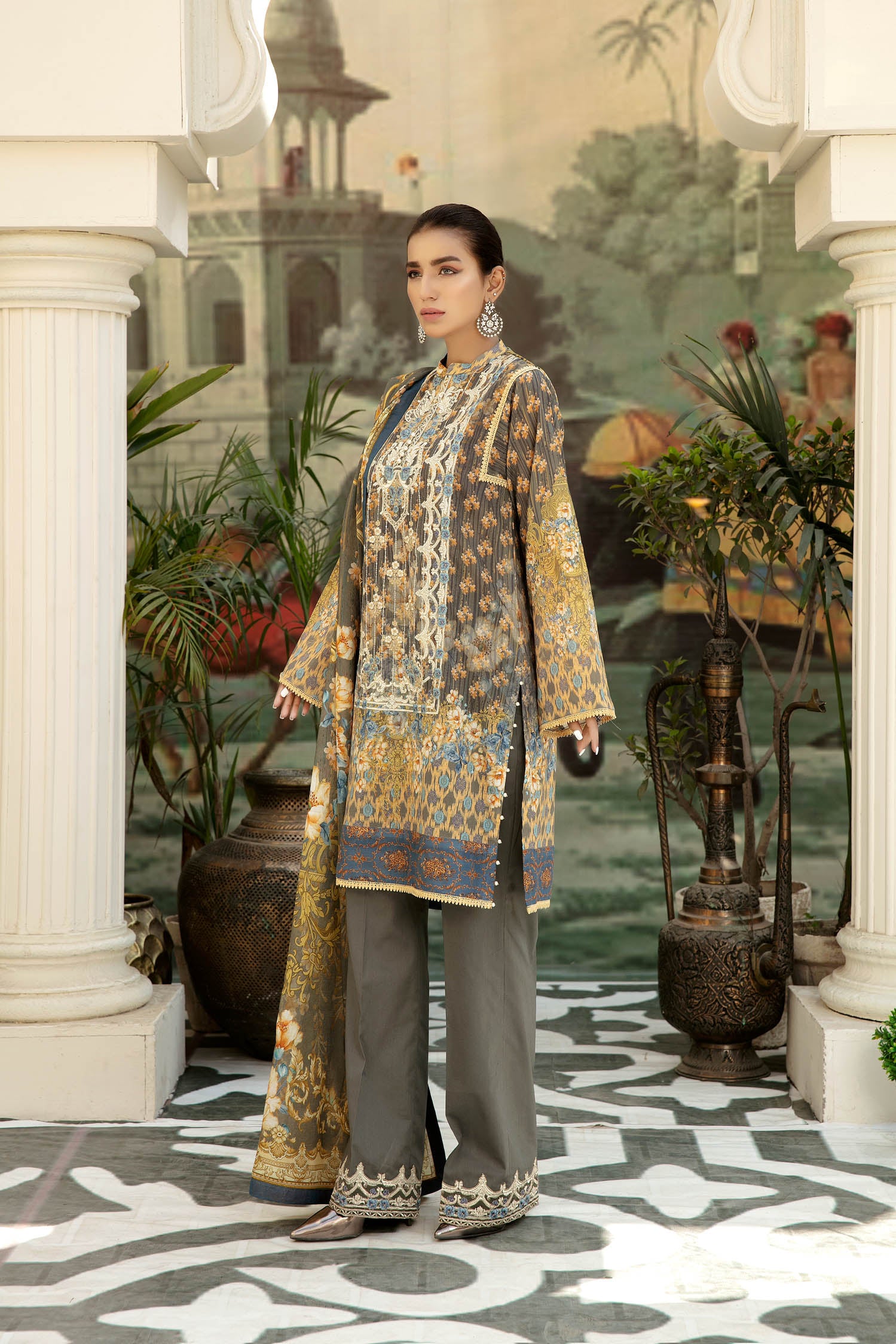 Crown Grey - Digital Printed & Embroidered Lawn 3PC