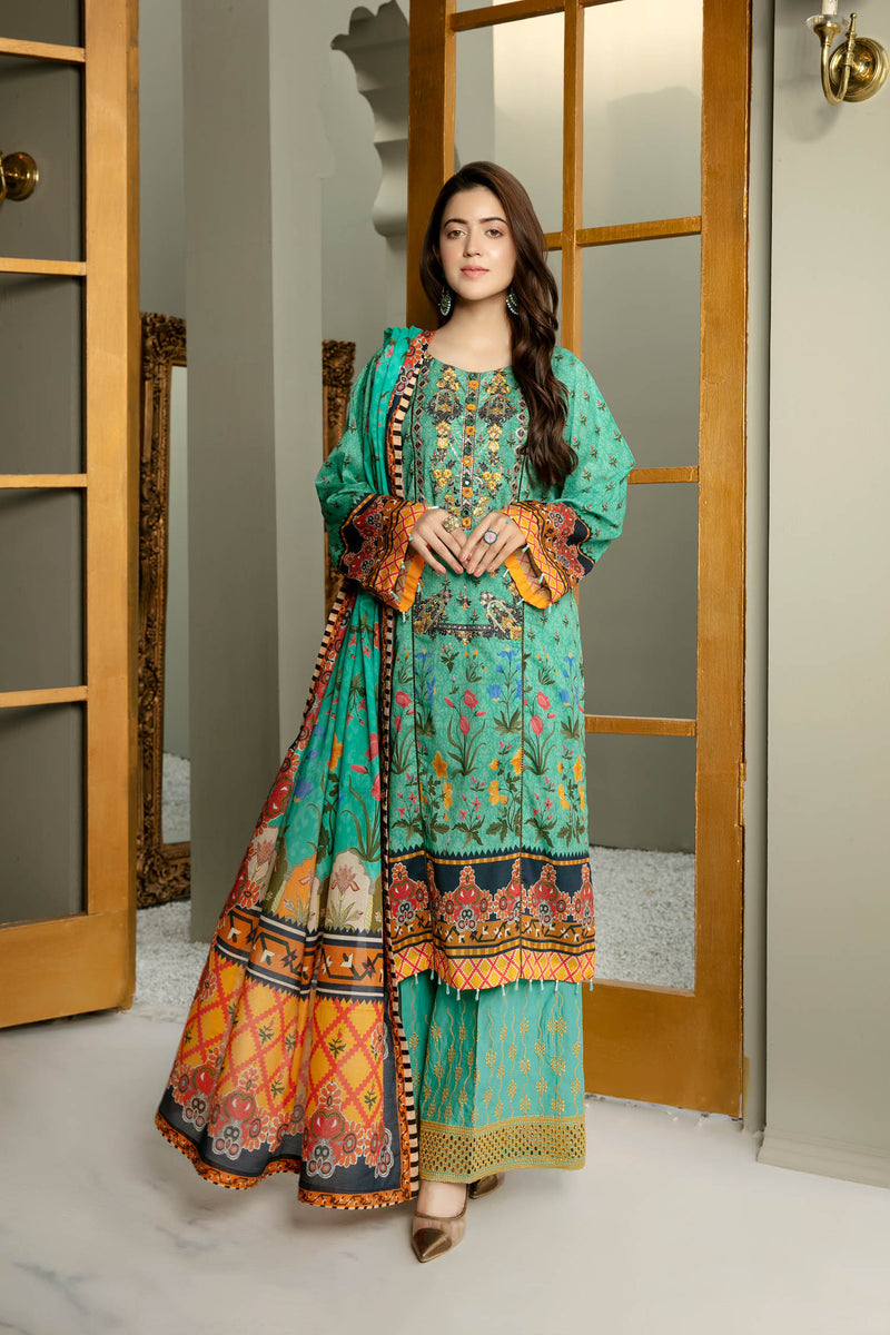 Aqua Cent - Digital Printed And Embroidered Lawn 3PC