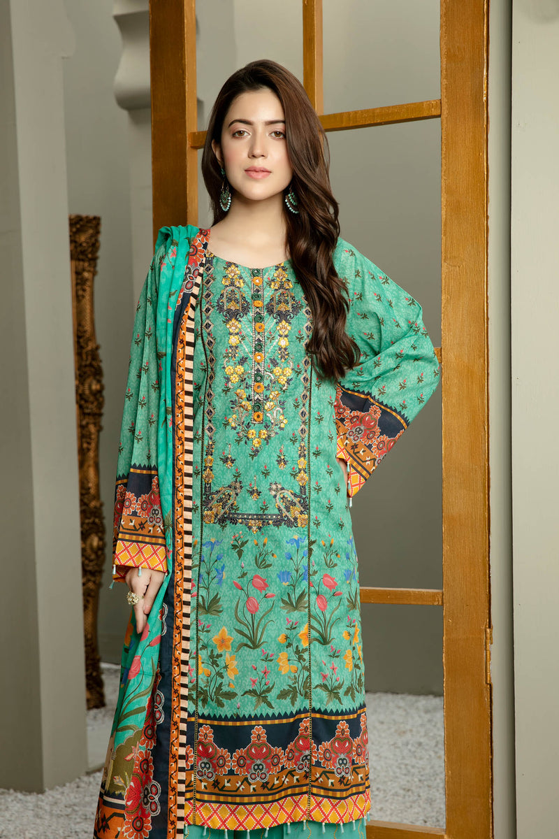 Aqua Cent - Digital Printed And Embroidered Lawn 3PC
