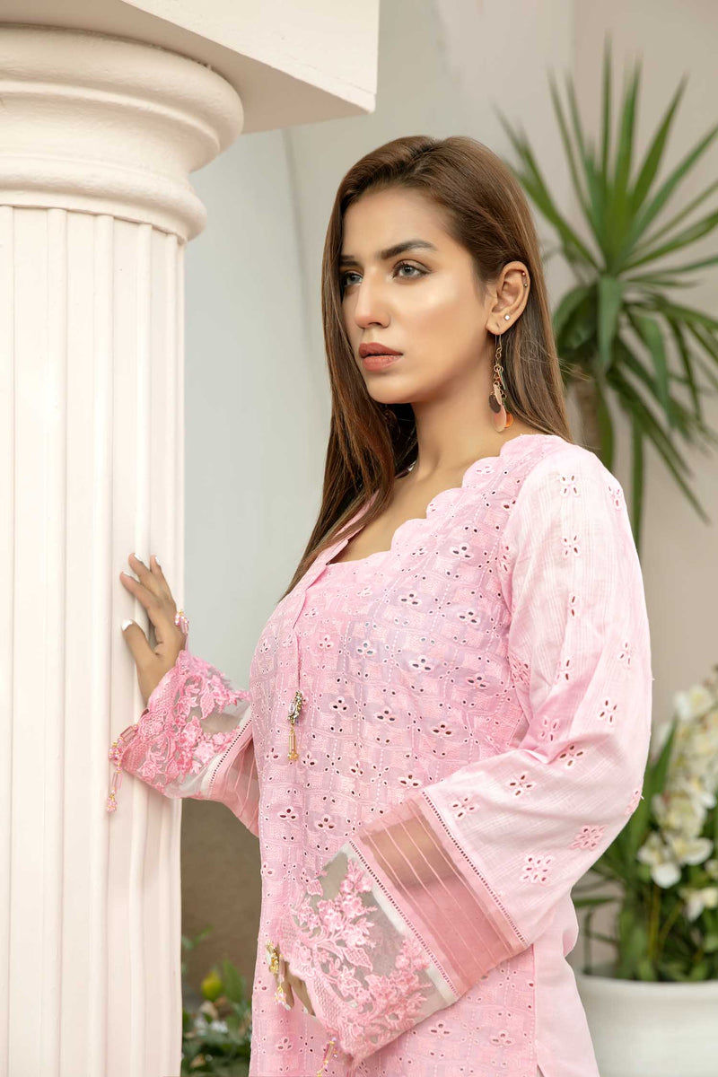 Warm Pink - Embroidered Schiflli Lawn Stitched