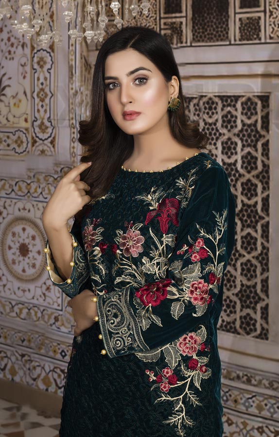 Bottle Green 01 -  Embroidered Velvet Un Stitched (2 Piece)