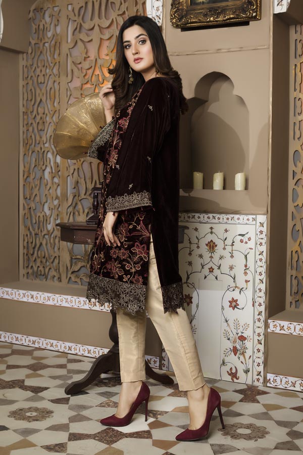 Brown 01 -  Embroidered Velvet Un Stitched (2 Piece)