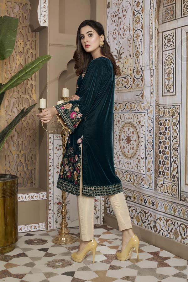 Bottle Green 02 -  Embroidered Velvet Un Stitched (2 Piece)