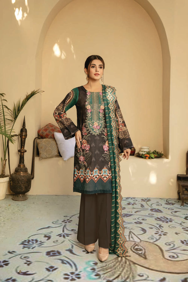 Grey Glory - Digital Printed And Embroidered Suvic Lawn