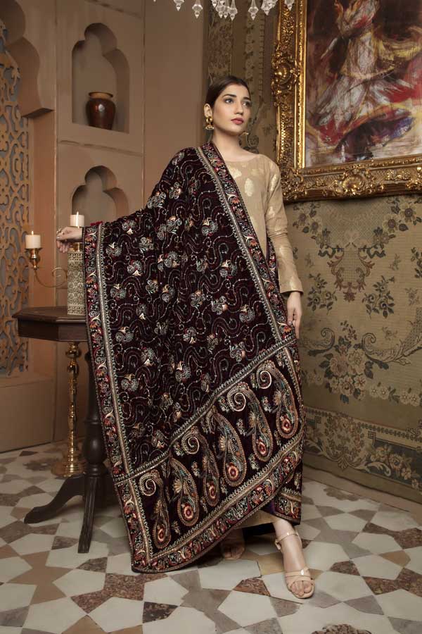 Chocolate Brown - Embroidered Velvet Shawl