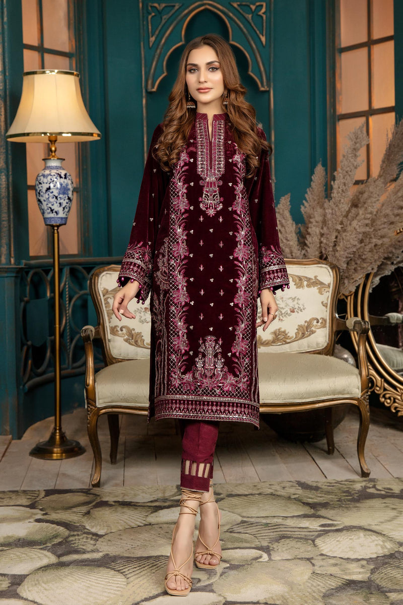 Charming Maroon - Stitched Embroidered Velvet 2PC