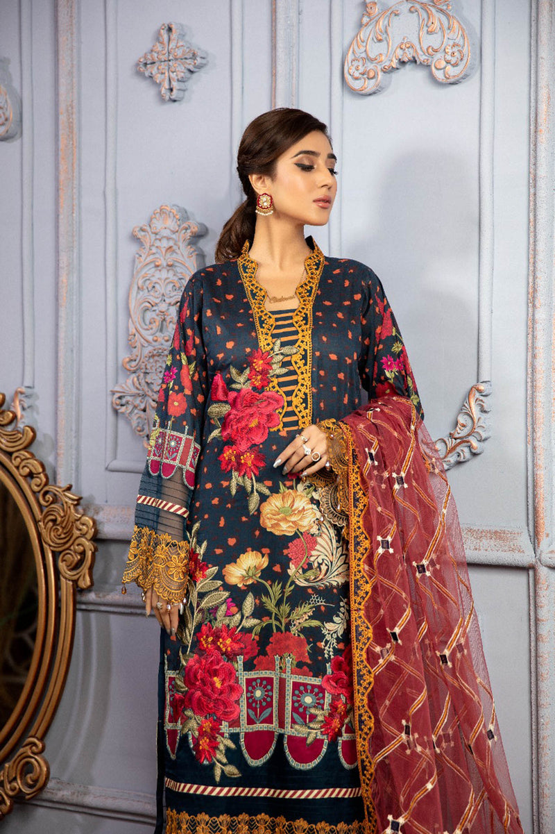 Rosa Dark - Digital Printed & Schiffli Embroidered Lawn 3PC